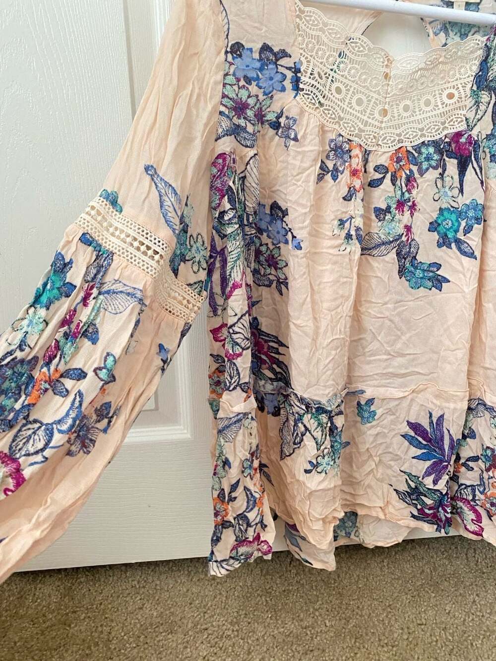 ODDI Pink Floral Boho Lace Inset Long Sleeve Blouse - Picture 2 of 12